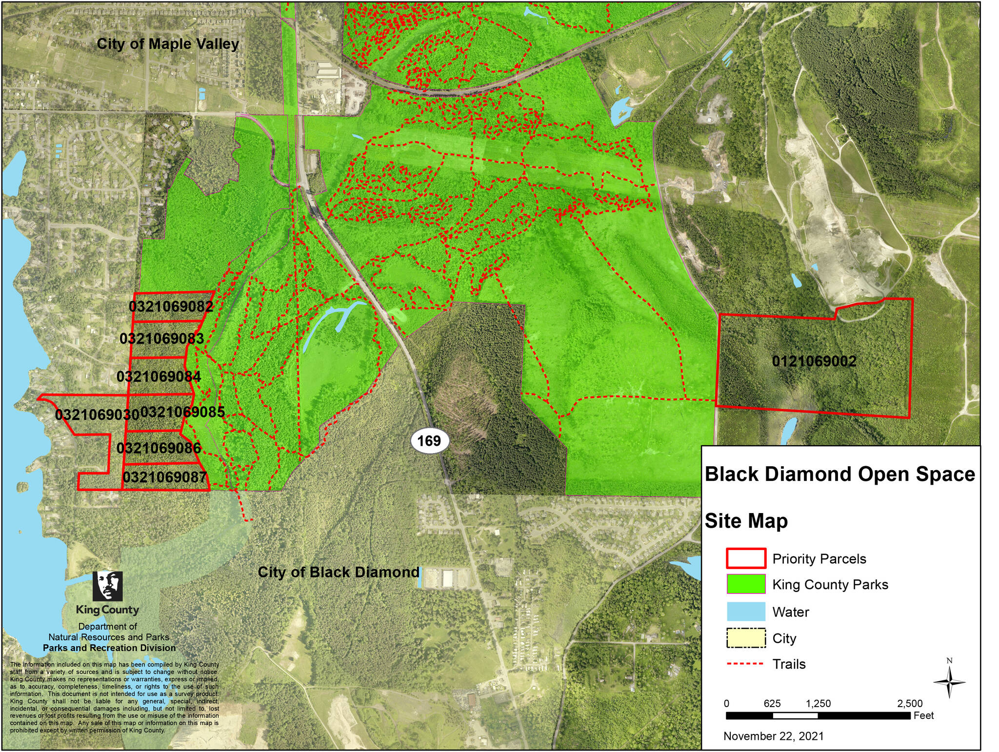 A map of the trails in the Black Diamond Open Space, and what parcels a nearly $3 million grant could purchase, further protecting unincorporated King County from urban sprawl. Image courtesy King County