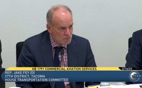 Tacoma Rep. Jake Fey (D) speaks to the future of Washington state’s commercial aviation needs during a Feb. 16 House of Representatives transportation committee hearing. Photo via TVW.