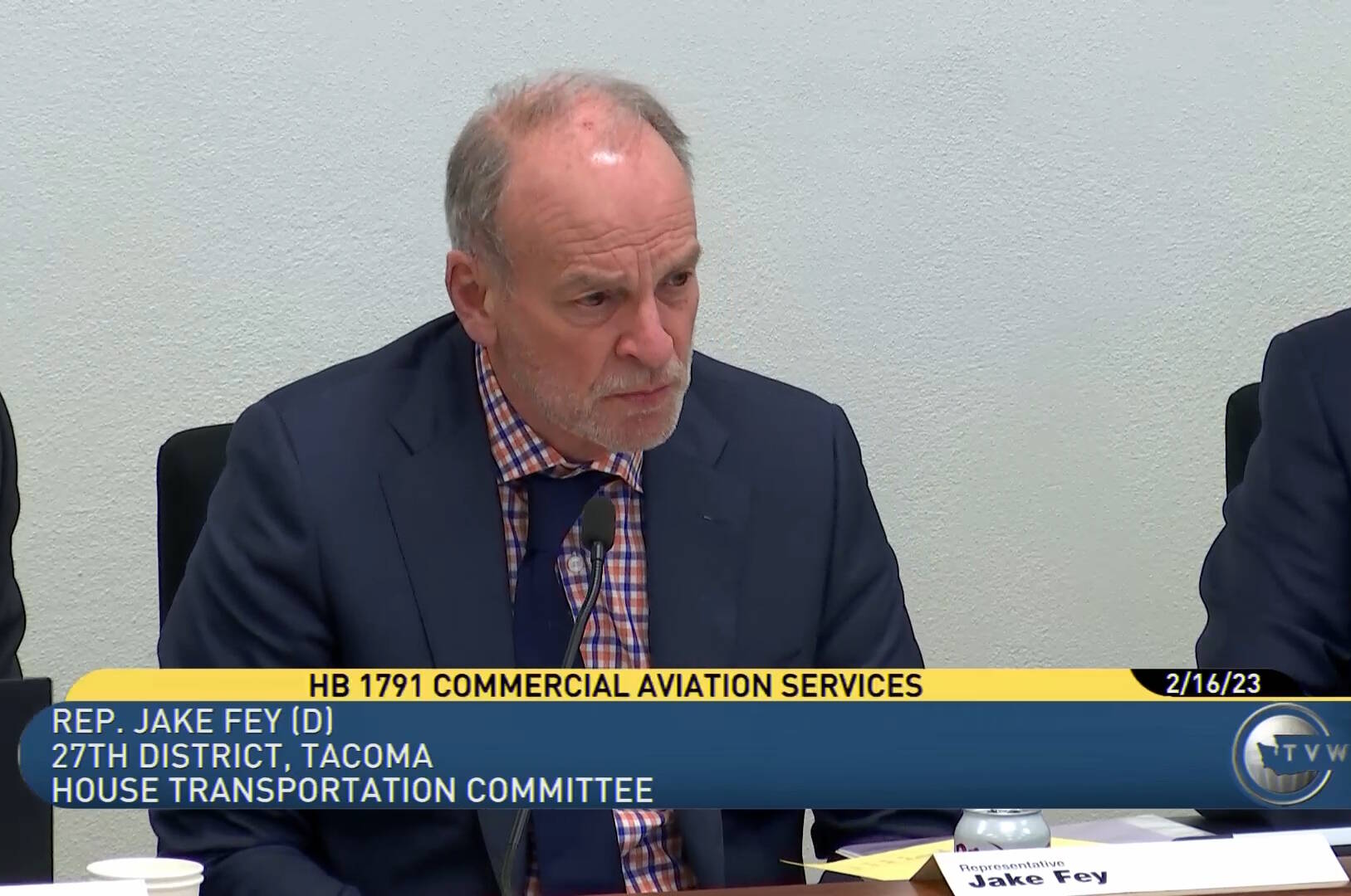 Tacoma Rep. Jake Fey (D) speaks to the future of Washington state’s commercial aviation needs during a Feb. 16 House of Representatives transportation committee hearing. Photo via TVW.