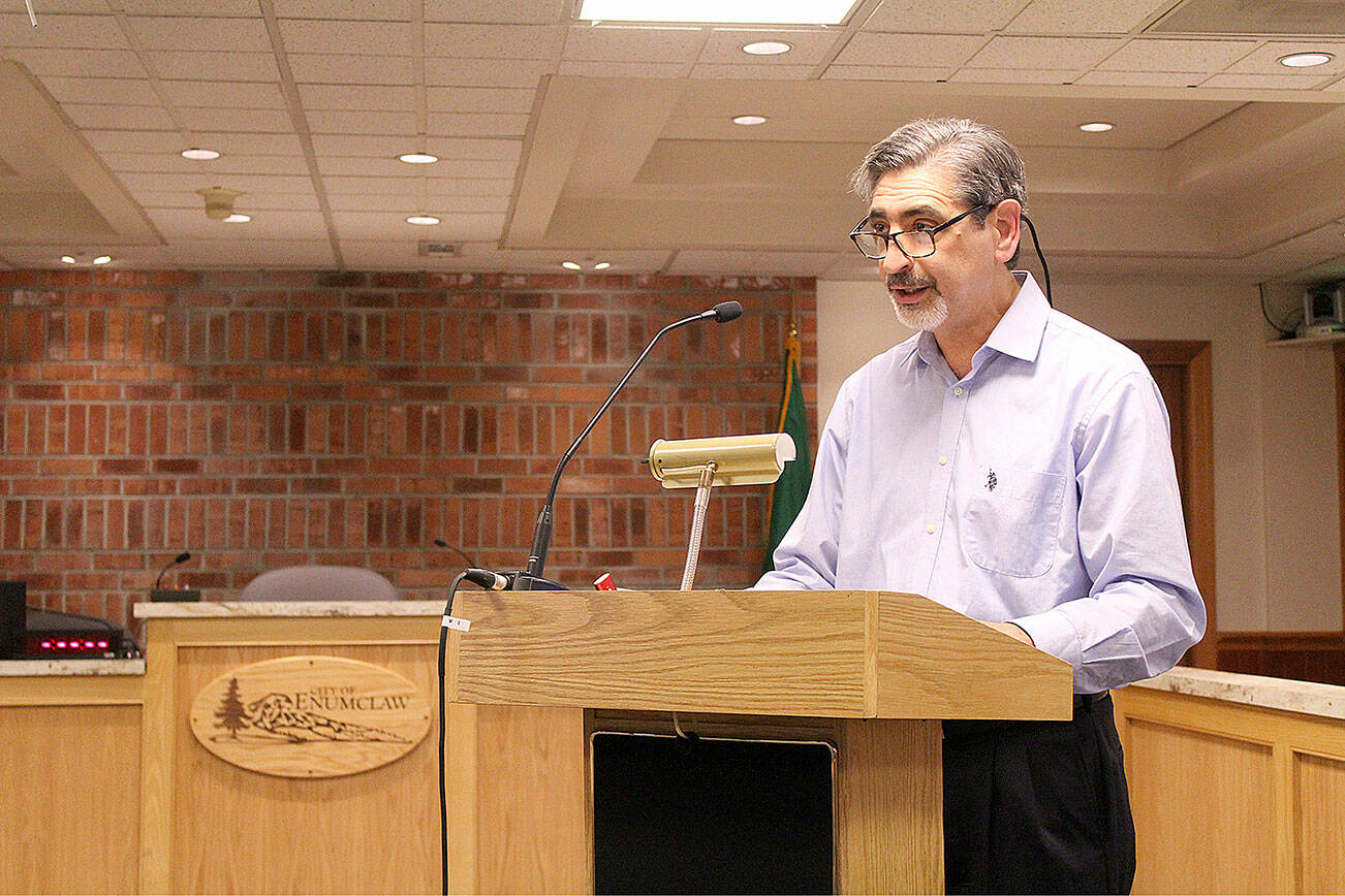Photo by Ray Miller-Still
Enumclaw Mayor Jan Molinaro giving his State of Enumclaw speech at City Hall on April 7, 2022.