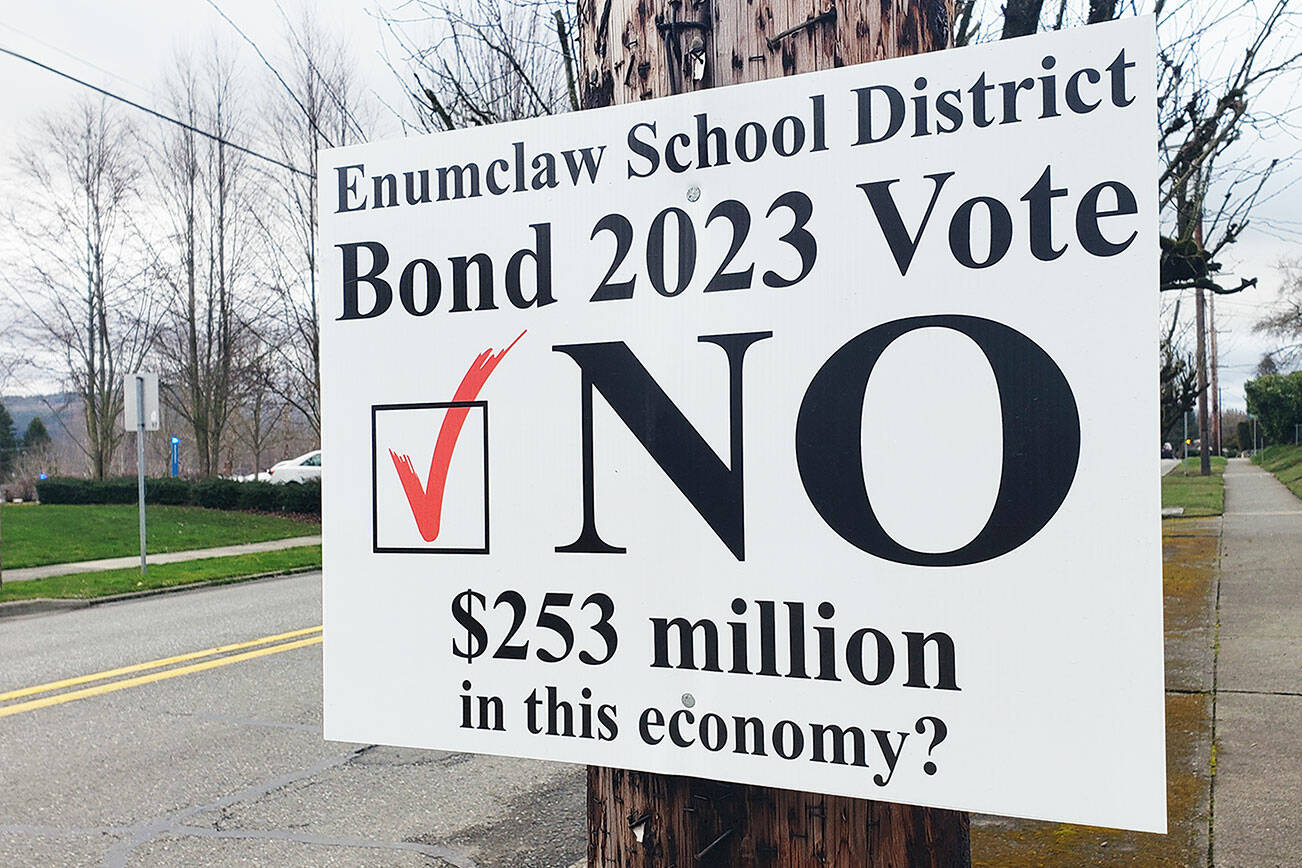 A sign encouraging local voters to reject the Enumclaw School District’s recent bond measure. Photo by Ray Miller-Still