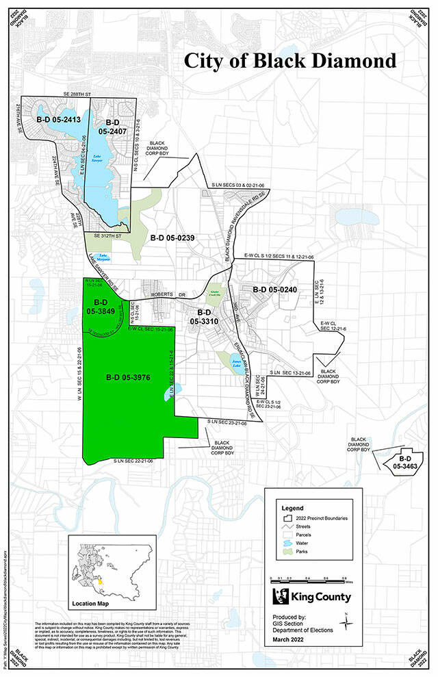 A map of Black Diamond’s voting precincts. The green areas are the only two precincts in Black Diamond, Enumclaw, and unincorporated King County that approved of the recent bond measure on the Feb. 14 special election.
