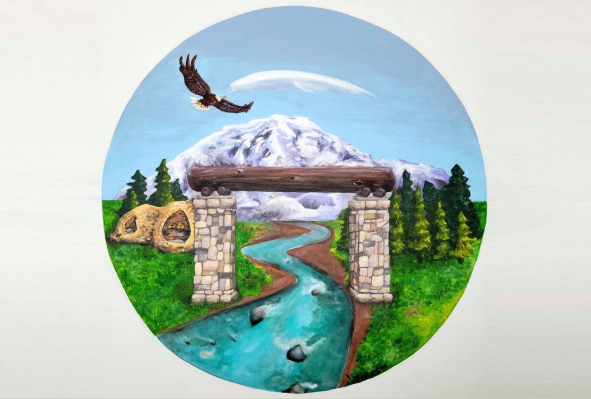 <p>Historic Wilkeson. Logo concept with the Carbon River Cooridor beginning at the Glacier Gate and extending to Mount Rainier. (Acrylic on canvas, by Sara Sutterfield. Submitted to Town of Wilkeson June 16th, 2022.)</p>