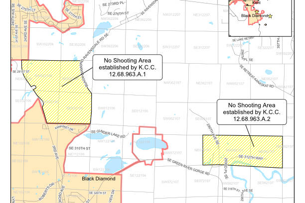 A King County map showing two no shooting areas in the Crow voting precinct. The one over by the Black Diamond Open Area in the west is already established; the one to the east is currently being proposed. Image courtesy King County