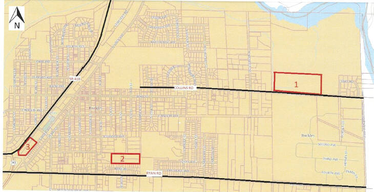 Image courtesy the city of Buckley
Outlined in red are the three locations for a proposed pickleball facility in Buckley. It appears the location near SR 410 is the most popular, given recent public testimony.