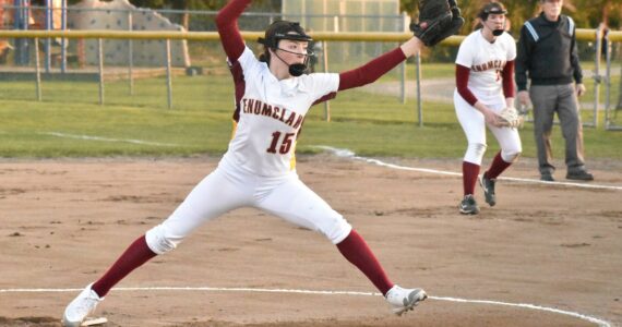 Enumclaw High senior Emilie Crimmins was once again sharp, pitching the Hornets past visiting Steilacoom the evening of March 21. The reigning SPSL 2A Pitcher of the Year struck out seven during three innings of work, giving the Hornets the early momentum on the way to an 18-4 victory. She was productive at the plate as well, collecting two hits, scoring three times and driving in a run. Photo by Kevin Hanson