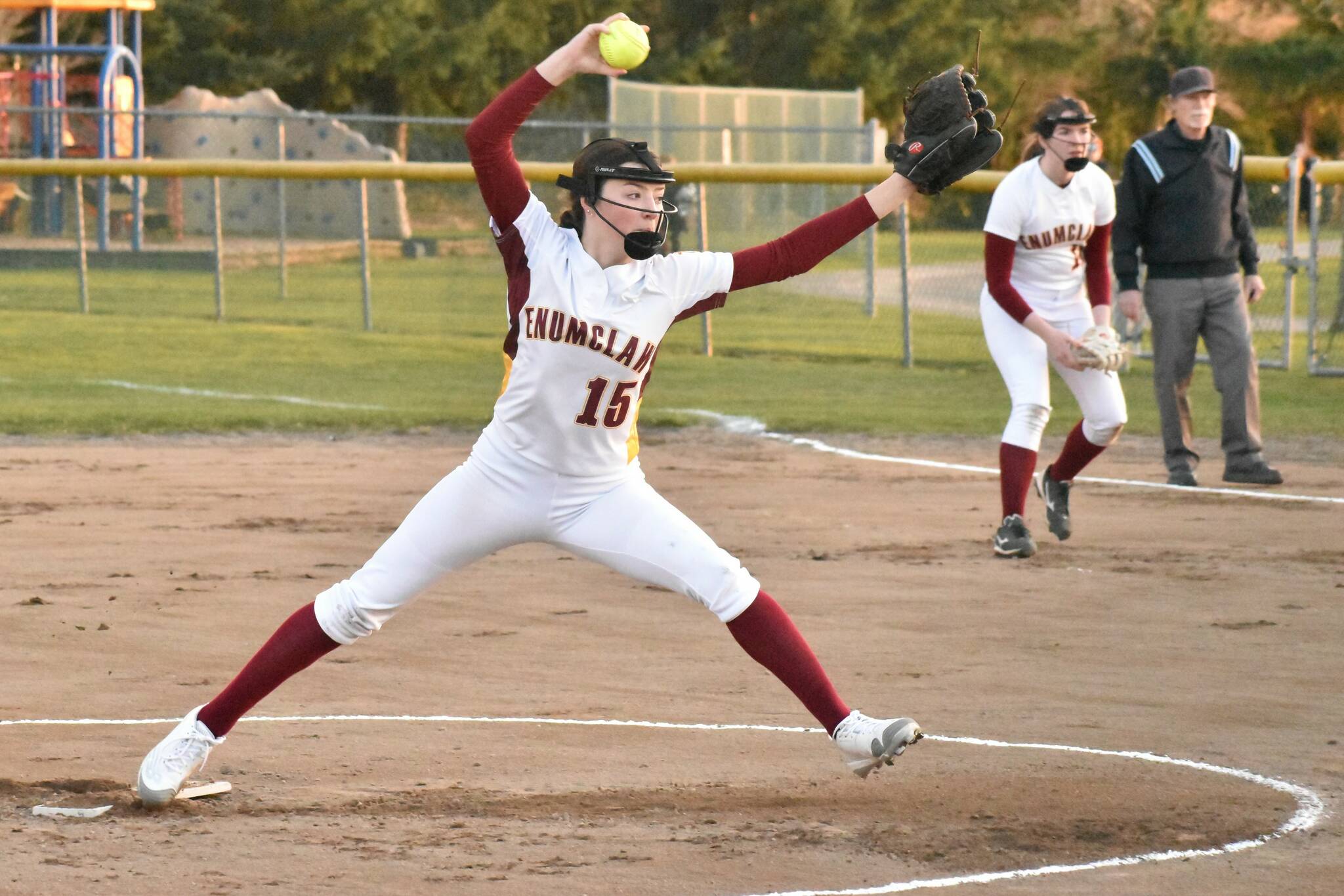 Enumclaw High senior Emilie Crimmins was once again sharp, pitching the Hornets past visiting Steilacoom the evening of March 21. The reigning SPSL 2A Pitcher of the Year struck out seven during three innings of work, giving the Hornets the early momentum on the way to an 18-4 victory. She was productive at the plate as well, collecting two hits, scoring three times and driving in a run. Photo by Kevin Hanson