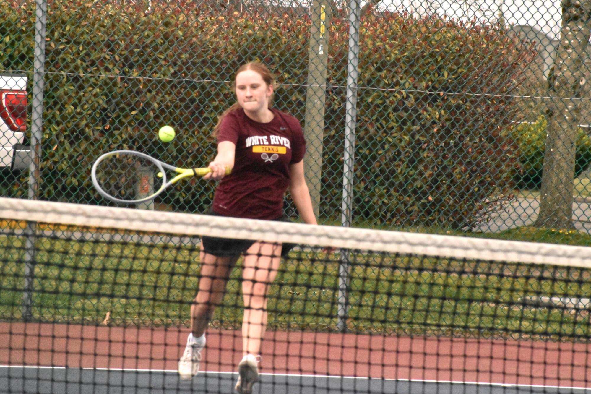 PHOTO BY KEVIN HANSON 
White River High senior Ava Steffen has been a mainstay in singles action for the Hornets. Here, she returns a serve during a March 30 match against Enumclaw.