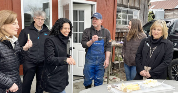 Photo courtesy Schrier’s Office
Rep. Kim Schrier (WA-08, far left) and U.S. Department of Agriculture (USDA) Undersecretary Xochitl Torres Small (center), try Fantello Creamery’s Filomena cheese during an April 4 visit.