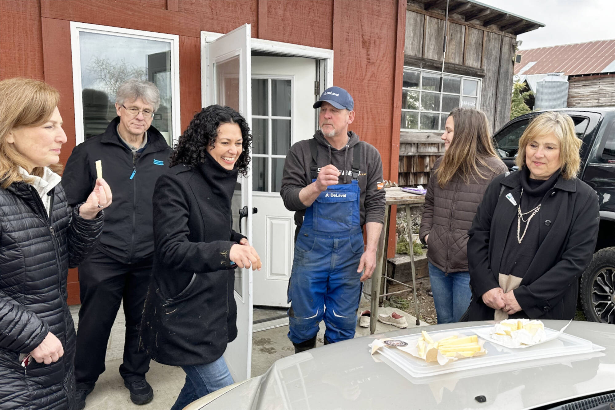 Photo courtesy Schrier’s Office
Rep. Kim Schrier (WA-08, far left) and U.S. Department of Agriculture (USDA) Undersecretary Xochitl Torres Small (center), try Fantello Creamery’s Filomena cheese during an April 4 visit.