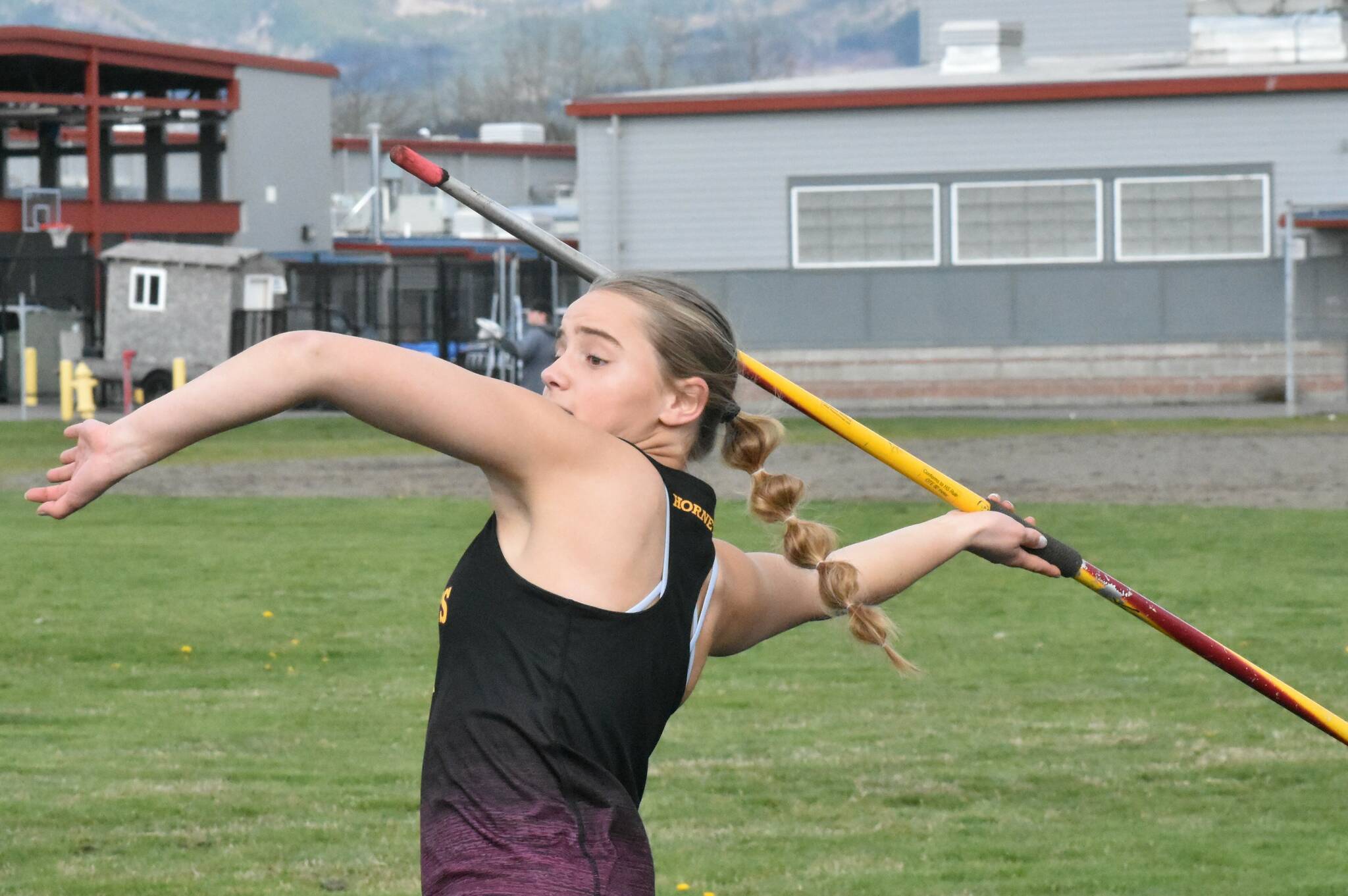Enumclaw High hosted the Steilacoom Sentinels Thursday afternoon in SPSL 2A track and field action. Pictured here is Natalie DeMarco, who won the girls’ javelin competition with a personal-record throw of 107 feet. Photo by Kevin Hanson
