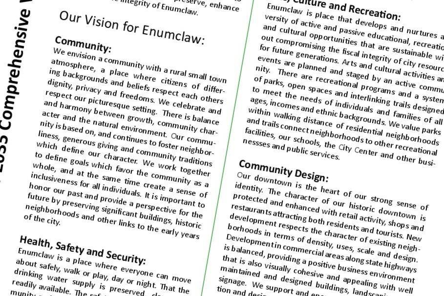 Enumclaw’s last Comprehensive Plan, created in 2015 to plan out through 2035, is being revised. The kickoff meeting to start drafting the new plan’s overall vision statement is April 25. Screenshot