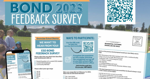 The Enumclaw School District is again collecting public opinion on possible future bond measures. Head to enumclaw.wednet.edu/article/1082511 or scan the QR code above to take the short questionairre. Screenshot