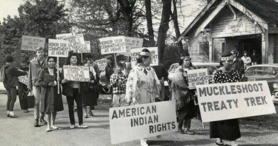 Muckleshoot tribe members protesting Washington state's violation of their fishing rights in the 1960s. Photo courtesy muckleshoot.nsn.us