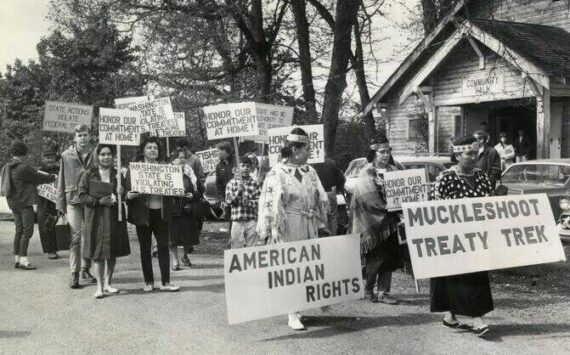Muckleshoot tribe members protesting Washington state's violation of their fishing rights in the 1960s. Photo courtesy muckleshoot.nsn.us