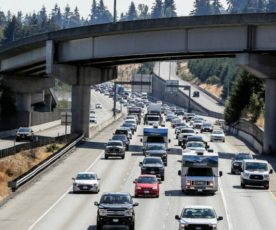 Heavy traffic northbound on 1-5 in Everett, Washington on August 31, 2022. (Kevin Clark / The Herald)
