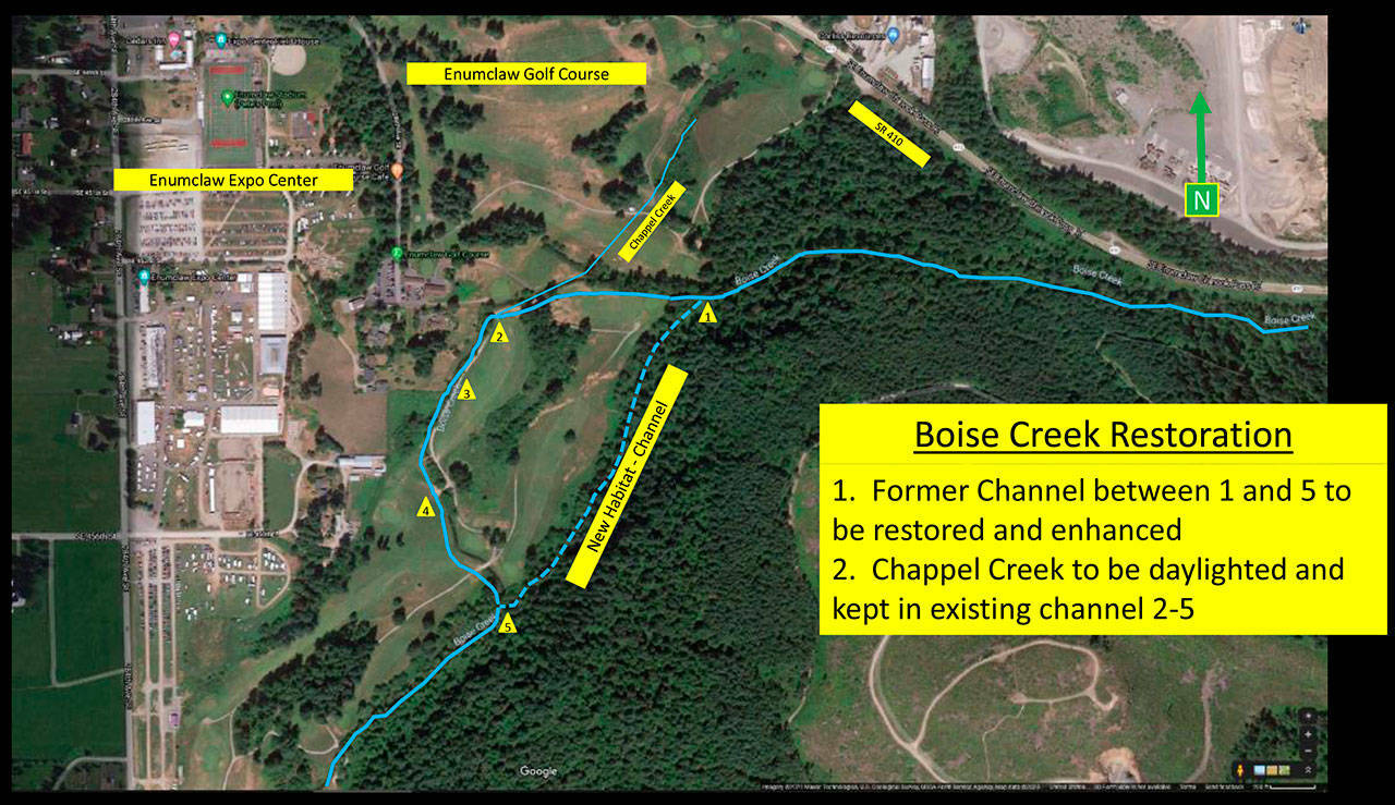 Image courtesy the city of Enumclaw
Boise Creek will be re-channeled and restored along the edge of the Enumclaw Golf Course in order to prevent flood damage to the grounds and improve the habitat for salmon.