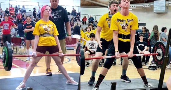 White River High was again a force at the state powerlifting championships. In these photos state champion Darbie Pearson is dead lifting 200 pounds with coach Juan Garibay doing the spotting, and Bennett Fraker dead lifting 325 pounds while getting encouragement from spotter Christian Chaussee. Submitted photos