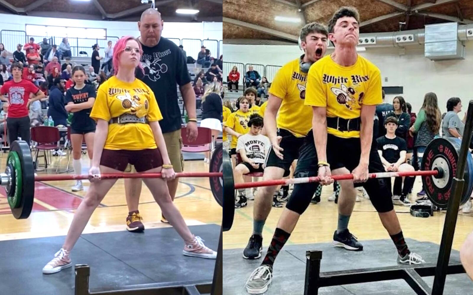 White River High was again a force at the state powerlifting championships. In these photos state champion Darbie Pearson is dead lifting 200 pounds with coach Juan Garibay doing the spotting, and Bennett Fraker dead lifting 325 pounds while getting encouragement from spotter Christian Chaussee. Submitted photos