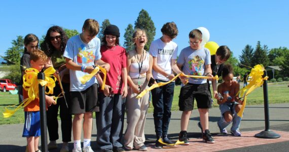 Alex Bruell / Sound Publishing
Kids cut the ribbon at the new Buckley Sports Court on a sunny afternoon June 6.