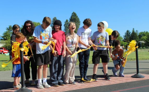 Alex Bruell / Sound Publishing
Kids cut the ribbon at the new Buckley Sports Court on a sunny afternoon June 6.