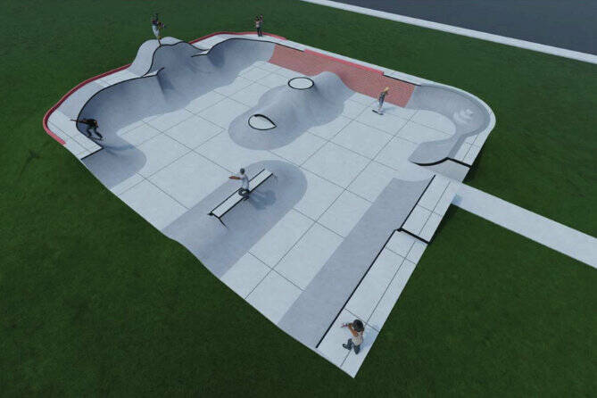 A 3D rendering of Enumclaw skateparks final design. Image courtesy of Grindline