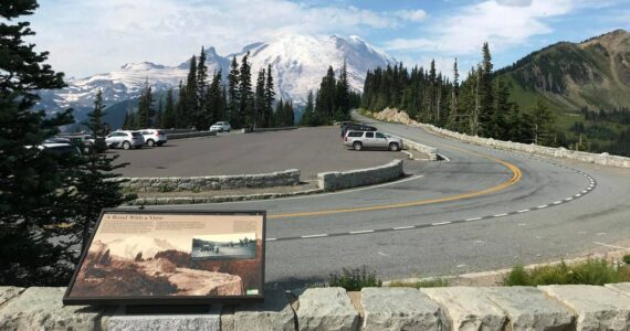 The Historic Sunrise Road exhibit panel is on the east side of Sunrise Point. Photo courtesy National Park Service
