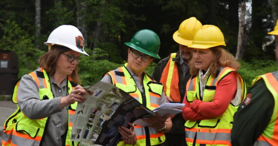 Rep. Kim Schrier (far left) and National Park Service Director Chuck Sams (to her left) met at Mount Rainier National Park last Monday to review the two major construction projects. Photo courtesy NPS