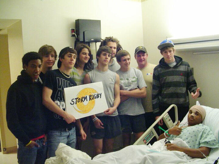 Jonathan Arnold with his rugby team after his surgery, which required a skull plate and eight screws. Photo courtesy Rosa Arnold