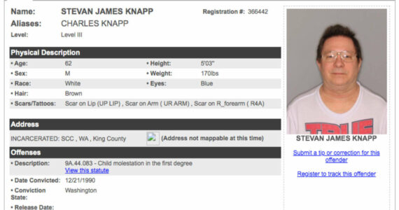 Screenshot
Stevan Knapp’s file on the King County Sheriff’s Office sex offender registry.