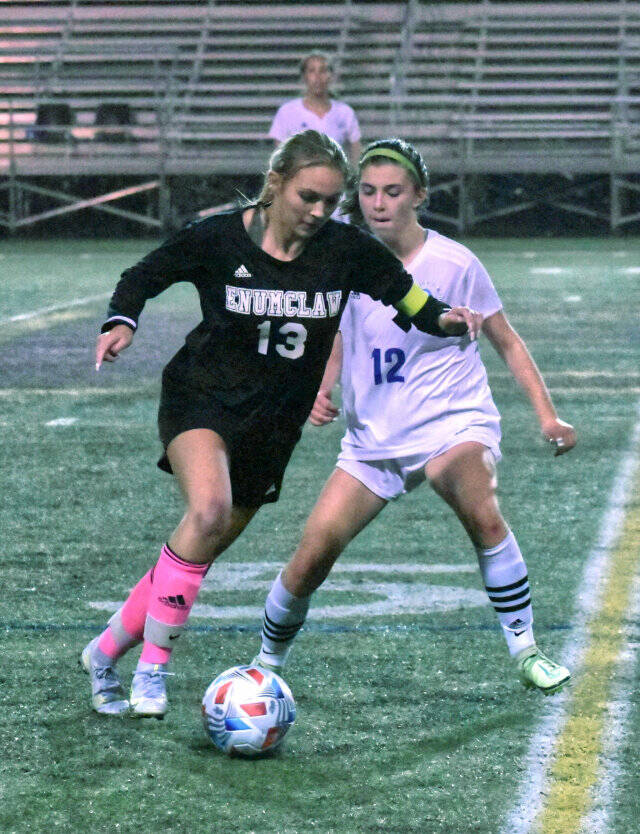 Mia Ammons, former EHS senior captain, maneuvers past Fife’s Bella Gonzales during a 2021 South Puget Sound League 2A soccer game. Photo by Kevin Hanson