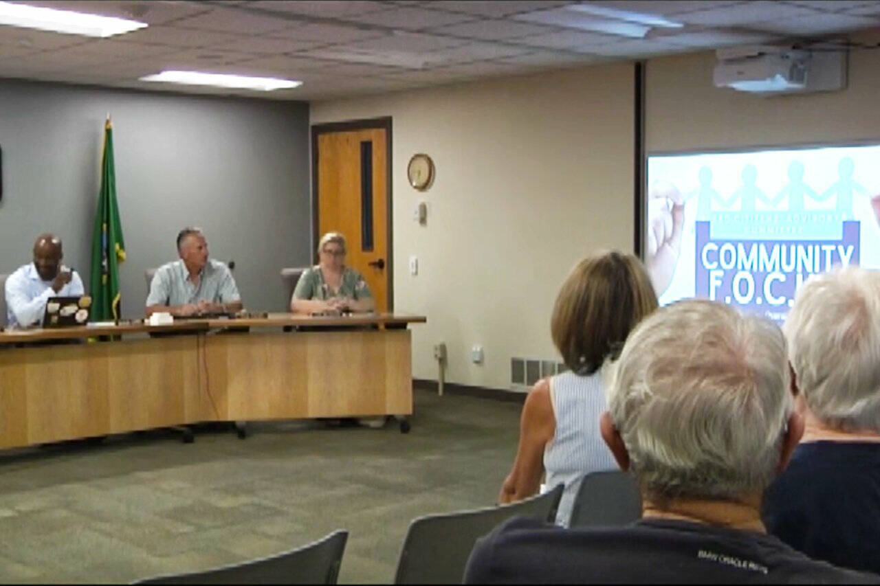 A screenshot of the Aug. 14 Enumclaw School District board meeting recording, where Superintendent Dr. Shaun Carey discussed his proposed FOCUS committee.