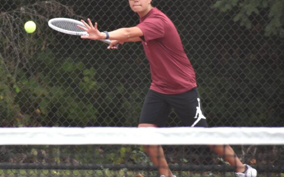 PHOTO BY KEVIN HANSON
Ashton Chapin holds down the No. 1 singles spot for the White River High boys’ tennis team. Here, he prepares to return a volley during Thursday’s match against Steilacoom.