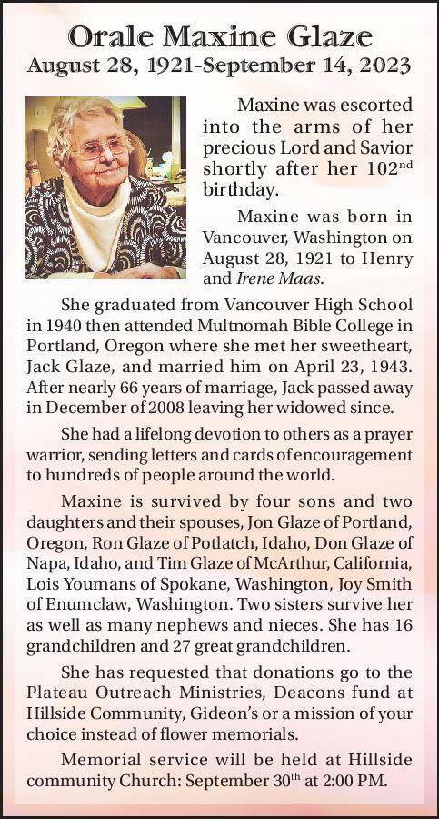 Orale Maxine Glaze | Obituary