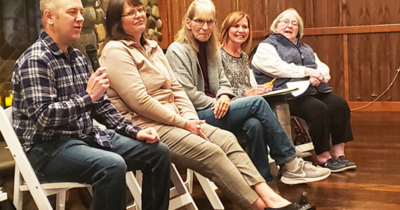 Photo by Ray Miller-Still
Left to right, Buckley City Council member Brandon Green, challenger Maureen Sundstrom, Council member Connie Bender, challenger Denice Bergerson, and Council member Lyn Rose recently spoke policy at the Five2Five event center.