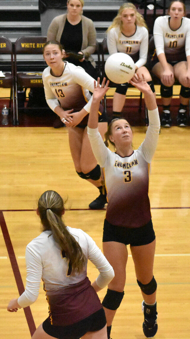 Enumclaw High setter Haley Dumontet (3) puts the ball in play as teammates Jayden Coffee (13) and Bella Firnkoess (7) head to the net. The action came during Enumclaw’s thrilling, five-set victory October 26 over White River. Photo by Kevin Hanson