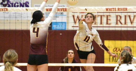 PHOTO BY KEVIN HANSON
With Enumclaw High’s Ailianna Quaempts defending at the net, White River’s Marli Miller registers a kill during an October 26 showdown in Buckley. Ready to respond are White River’s Ava Froemke and Enumclaw’s Natalie DeMarco (2) and Haley Dumontet (3).