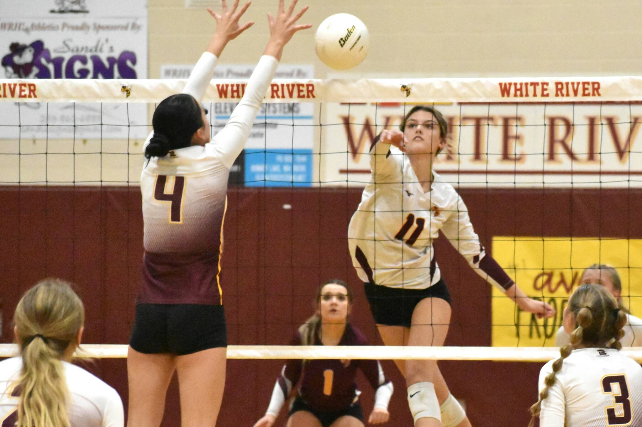 PHOTO BY KEVIN HANSON
With Enumclaw High’s Ailianna Quaempts defending at the net, White River’s Marli Miller registers a kill during an October 26 showdown in Buckley. Ready to respond are White River’s Ava Froemke and Enumclaw’s Natalie DeMarco (2) and Haley Dumontet (3).