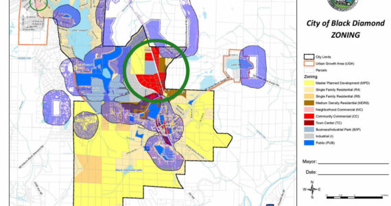 Where could a marijuana retail store open in Black Diamond? Based on the city’s planning commission recommendations, it would have to be 1,000 feet away from schools and parks (outside the purple buffers) and relegated to the neighborhood commercial (pink) and community commercial (red) zones. This just leaves a few dozen potential parcels, noted by the green circles. Map courtesy the city of Black Diamond