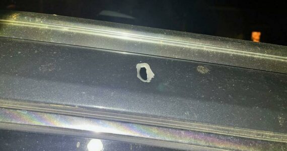A picture of the bullet hole from the car that was struck on Jan. 14. Photo courtesy WSP