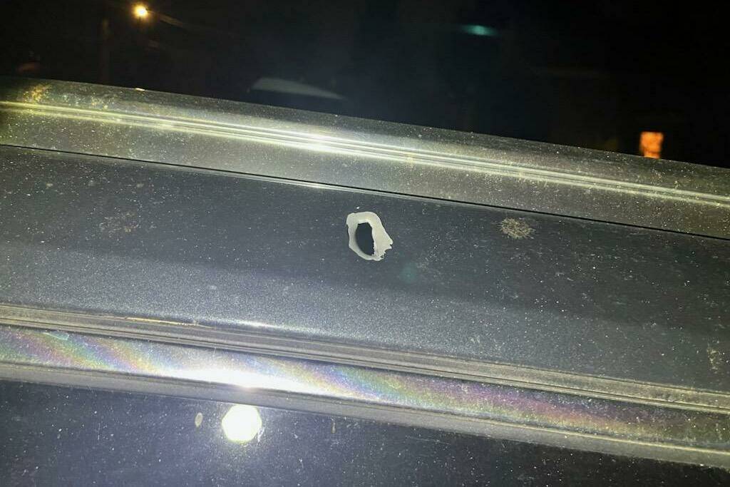 A picture of the bullet hole from the car that was struck on Jan. 14. Photo courtesy WSP