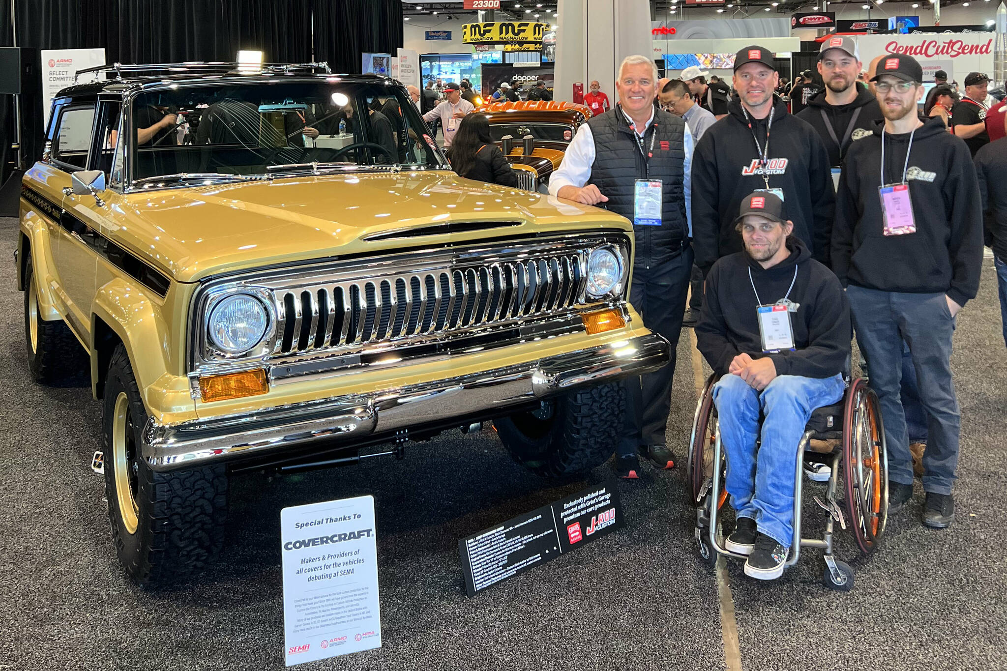 The J-Rod & Custom team at the 2023 Specialty Equipment Marketing Association with their Battle of the Builders winning jeep. Pictured in the back row is car owner Richard Griot, Jared Hancock, Ross Petersen, and Andrew Taker; in from is Chad Terhar. Contributed photo