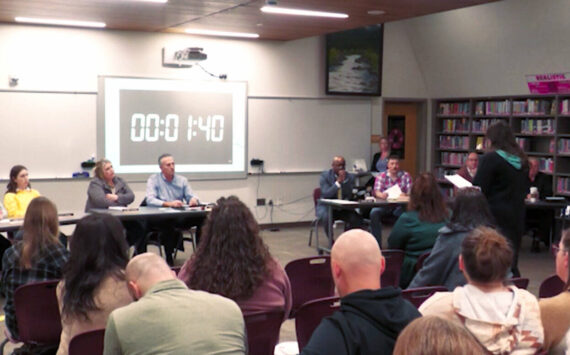 A screenshot of the Enumclaw TV recording of the Feb. 12 Enumclaw School District meeting, showing ESD parent and Muckleshoot Tribe member Valerie Segrest speaking to the board.