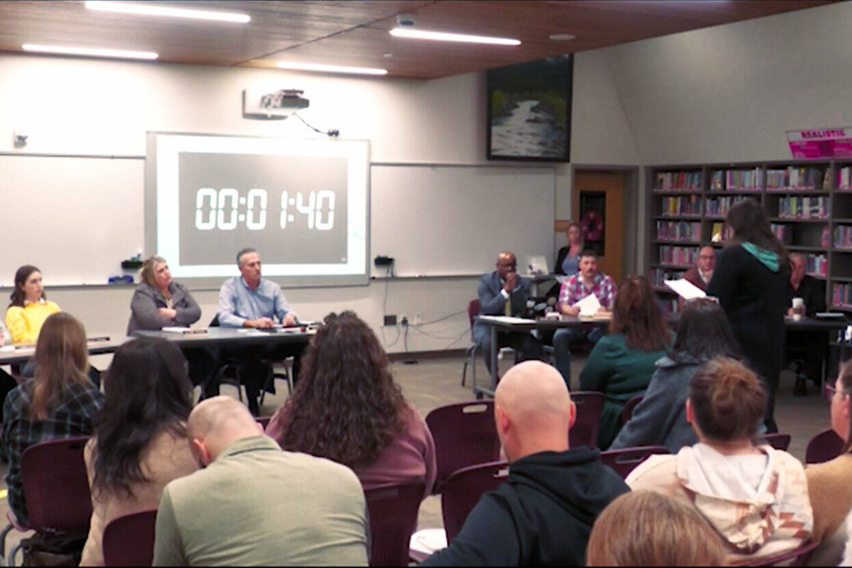 A screenshot of the Enumclaw TV recording of the Feb. 12 Enumclaw School District meeting, showing ESD parent and Muckleshoot Tribe member Valerie Segrest speaking to the board.