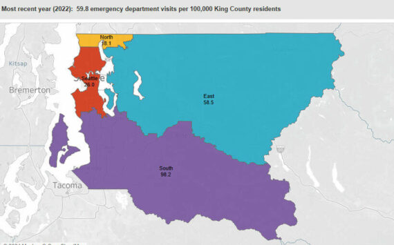 Image courtesy the Washington State Department of Health and the Rapid Health Information NetwOrk (RHINO)
In 2022, there were nearly 60 emergency department visits per 100,000 King County residents for allergic diseases; this has increased steadily since 2019, when the rate was just over 30 visits. In South King County, it was more than 98 emergency department visits per 100,000 residents.