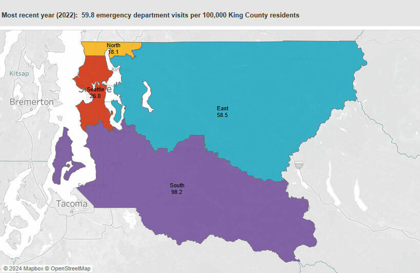 In 2022, there were nearly 60 emergency department visits per 100,000 King County residents for allergic diseases; this has increased steadily since 2019, when the rate was just over 30 visits. In South King County, it was more than 98 emergency department visits per 100,000 residents. Image courtesy the Washington State Department of Health and the Rapid Health Information NetwOrk (RHINO)
