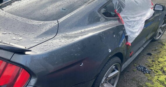 Car damaged by bullets during Feb. 19 Interstate 5 shooting. (Courtesy of Washington State Patrol)