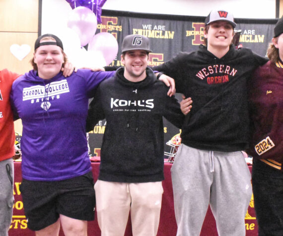 PHOTO BY KEVIN HANSON 
Featured during a recent signing ceremony at Enumclaw High were (from left) Anthony Mills, Ryan Fehr, Riley Rutledge, Gunnar Trachte and John Carrier. Wyatt Neu was not present at the ceremony.