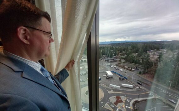 The Muckleshoot Casino Resort offers some stellar views, as shown here by Robert Dearstine, Executive Director of Resort Operations. Photo by Robert Whale/Auburn Reporter
