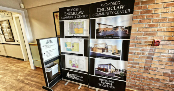 Banners in Enumclaw’s City Hall show off the proposed layout and exterior design of a possible community center. If you want more information, make sure to attend the March 14 (from 6:30 to 7:230 p.m.) and then on March 23 (11 a.m. to 12:30 p.m.) open houses at the senior center. Photo by Ray Miller-Still